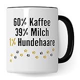 Hunde Tasse Spruch lustig, 60% Milch 39% Kaffee 1% Hundehaare Geschenk Hundehalter Geschenkidee Hundebesitzer Kaffee-Becher Herrchen Teetasse Kaffeetasse Hundeliebhaber (Weiß/Schwarz)