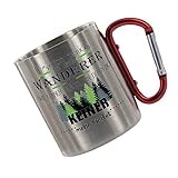 Crealuxe Edelstahltasse mit Karabiner 'Leg dich niemals mit einem Wanderer an - wir kennen Plätze...' Tasse bedruckt, Kaffeetasse, Bürotasse, Metalltasse mit Name