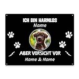 Hunde Schild personalisiert - Ich Bin harmlos, Aber Vorsicht vor - Metallschild mit Foto und Name für außen, wetterfestes Türschild für Hundebesitzer - DIN A5-21 x 15 cm, EIN Tier, schwarz