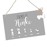 Türschild mit Namen der Familie, aus Holz gefertigt - Familienschild für die Haustür mit Figuren personalisiert, Haustürschild in Grau und Weiß