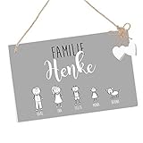 Türschild Familie personalisiert mit Namen der Familie, Holz Familienschild für die Haustür mit Figuren, Namenssschild, Klingelschild, persönliches Geschenk zur Geburt, Hochzeit