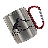 Edelstahltasse mit Carabiner - Gipfelstürmer - auch mit Name, Blechtasse, Campingtasse,Kaffeetasse mit Motiv,Bürotasse, bedruckte Tasse personalisiert mit Namen