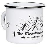 MUGSY I Emaille Tasse The Mountains are calling, 330 ml Camping Tasse mit Spruch, Camping Becher I Schwarz Weiß