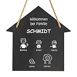 Geschenke 24 Schiefertafel personalisiert Hausform Willkommen im Comic Stil (5 Figuren): Türschild Familie Eingangstür Haustür - Schiefertafel mit Gravur - Geschenke, Wanddeko