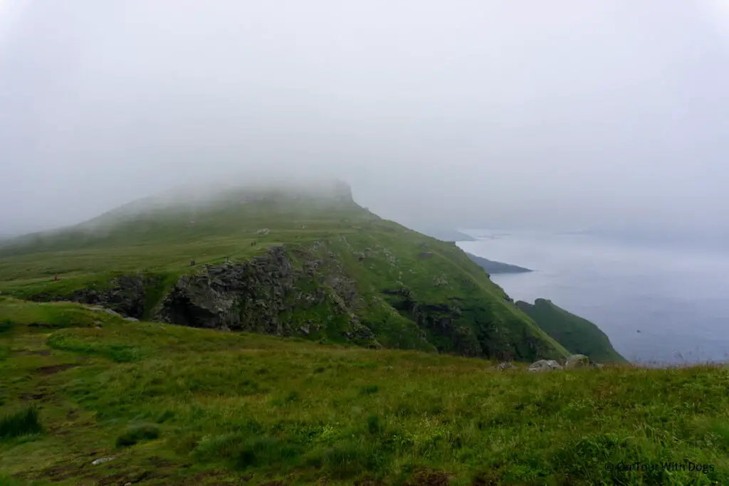 Steile grüne Abhänge auf der Vogelinsel Runde in Norwegen