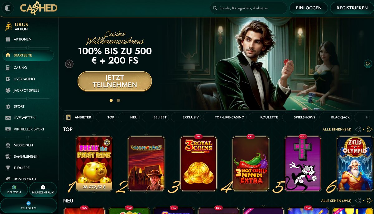 Elegante Benutzeroberfläche von Cashed Casino mit luxuriösem Gold-Design, 100% Willkommensbonus bis zu 500 € plus 200 Freispiele, ideal für Spieler, die eine exklusive und stilvolle Casino-Atmosphäre suchen.