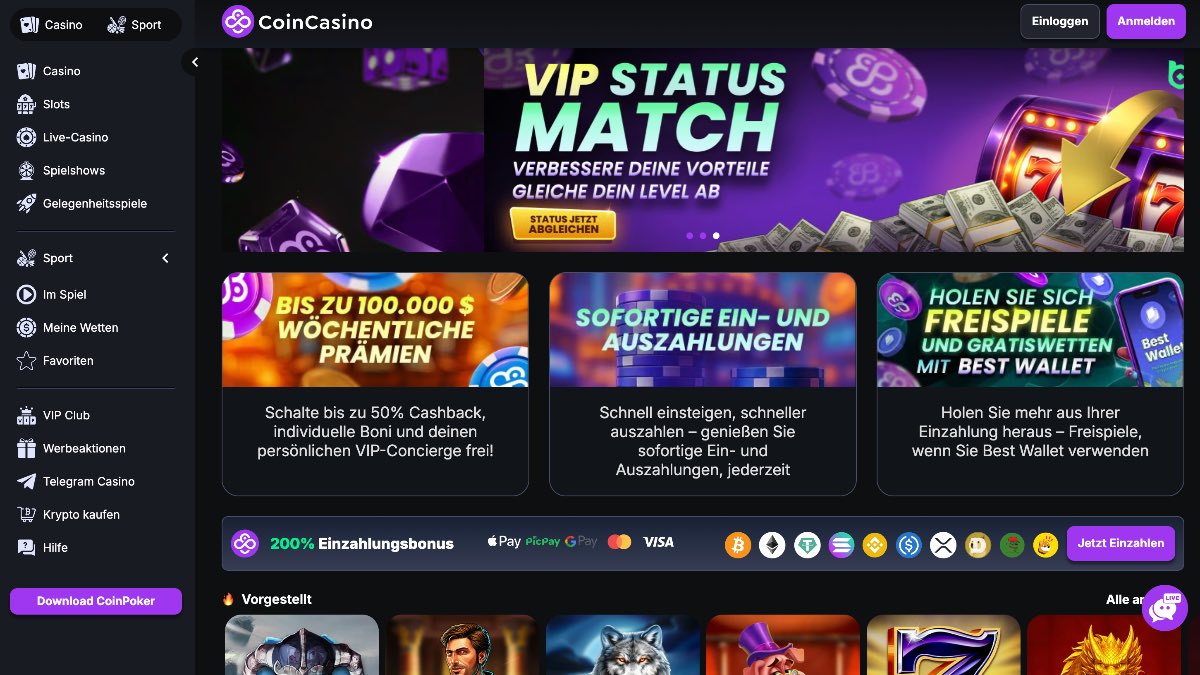 Krypto-freundliche CoinCasino Homepage mit 200% Einzahlungsbonus, bis zu 50% Cashback und sofortigen Auszahlungen, perfekt für die Nutzung von Bitcoin, Apple Pay und Best Wallet.