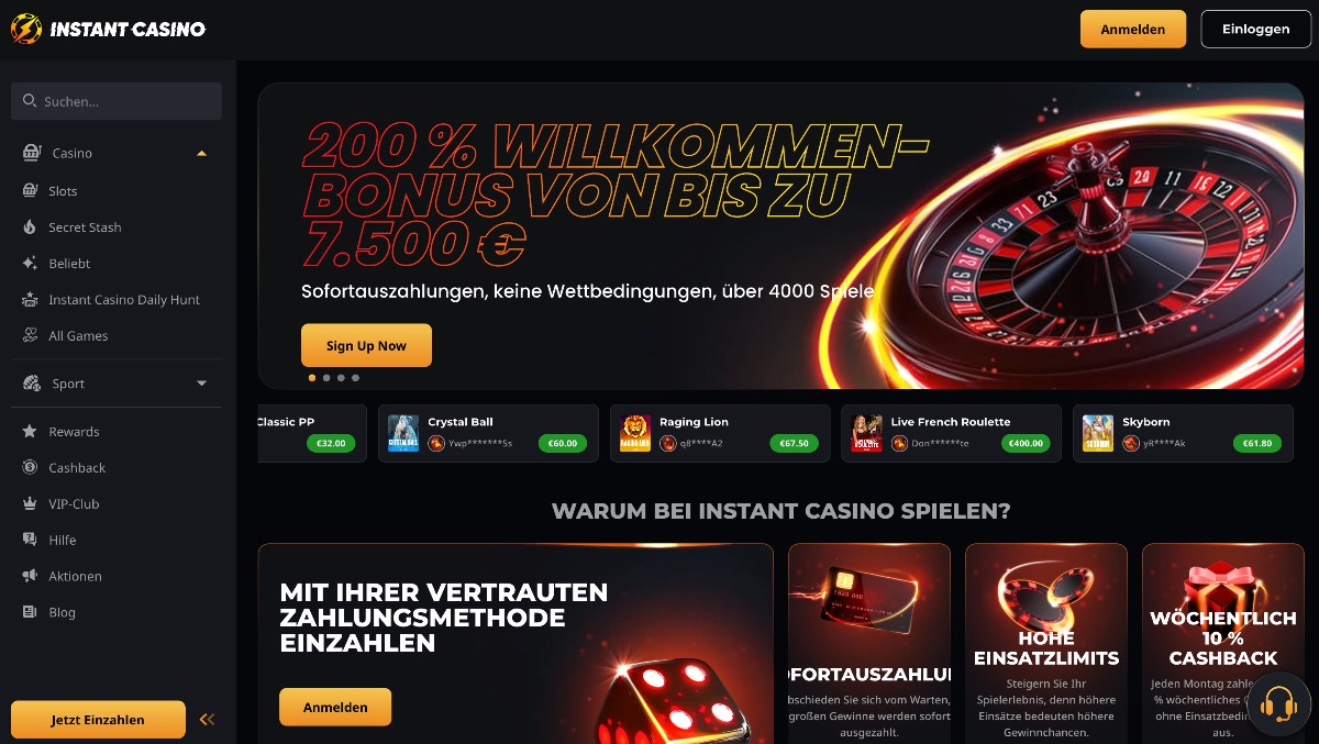Modernes Instant Casino Interface mit edlem Roulette-Design, 200% Willkommensbonus bis zu 7.500 €, Sofortauszahlungen ohne Wettbedingungen, ideal für Spieler, die Wert auf Schnelligkeit und Transparenz legen.