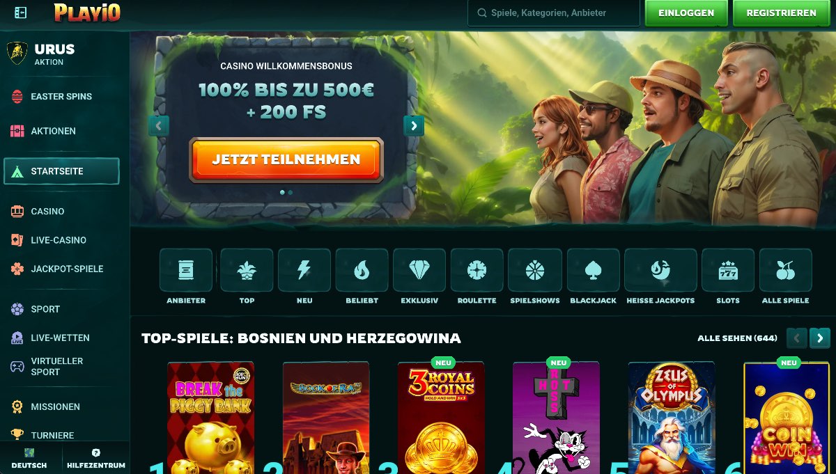 Abenteuerliches Playio Online Casino Interface im Dschungel-Stil, 100% Willkommensbonus bis zu 500 € plus 200 Freispiele, ideal für Spieler, die eine immersive Atmosphäre und großzügige Startangebote suchen.