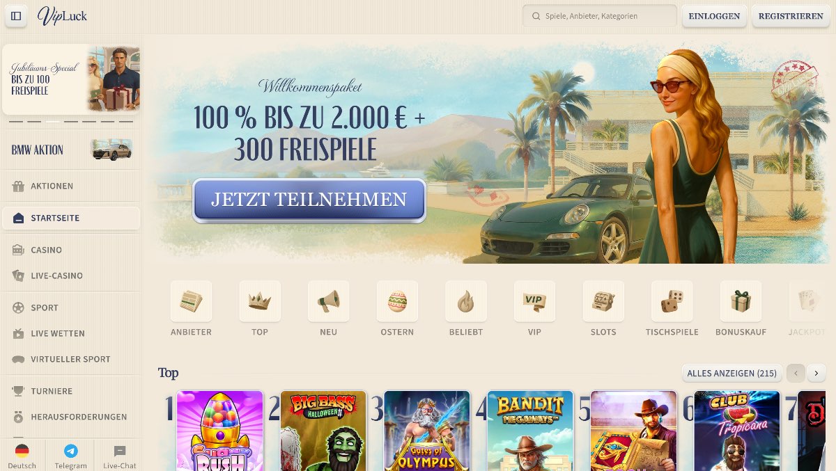 Stilvolles VipLuck Online Casino im eleganten Riviera-Look der 60er Jahre, ein massives Willkommenspaket von 100% bis zu 2.000 € plus 300 Freispiele, ideal für Spieler, die Luxus-Flair und hohe Bonusbeträge kombinieren möchten.